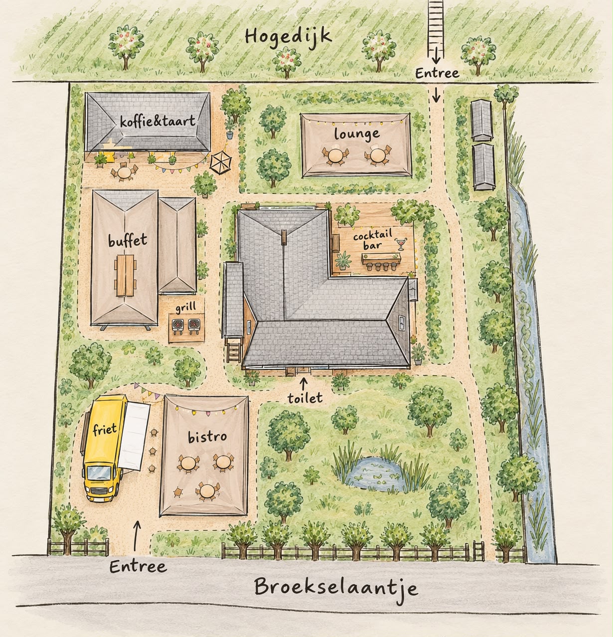 Plattegrond van het feestterrein met entree, koffie en taart, buffet, friet, bistro, lounge, cocktailbar en toilet.